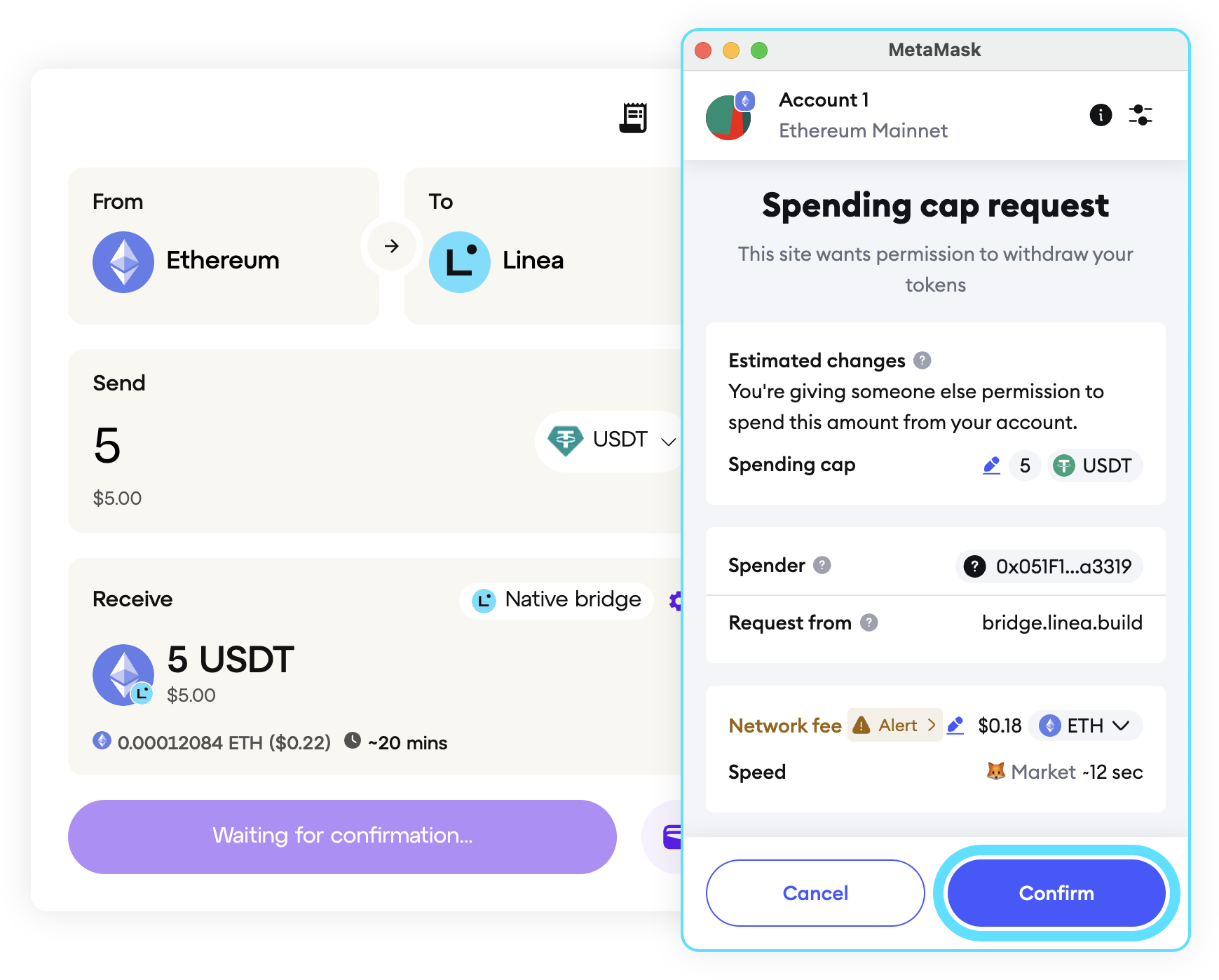 Linea native bridge spending cap request MetaMask prompt